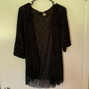 Black patterned velvet kimono with fringe
